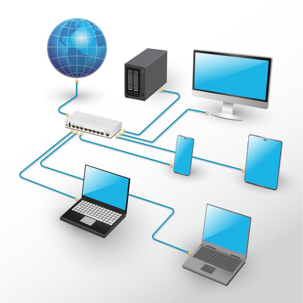 Lan network 3D diagram for business and technology concept. WAN of computer networking. vector