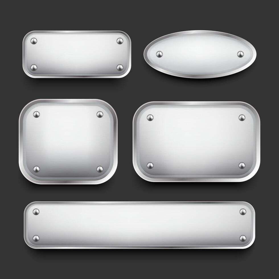 Nameplate with borders and screws. Set of aluminum plates or boards with empty space for sign. vector
