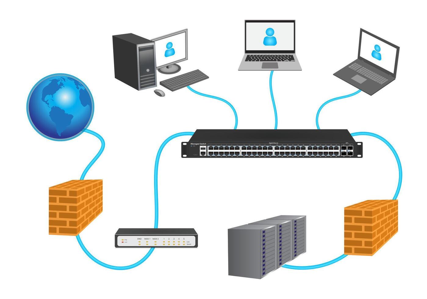 Lan network 3D diagram for business and technology concept. WAN of computer networking. vector