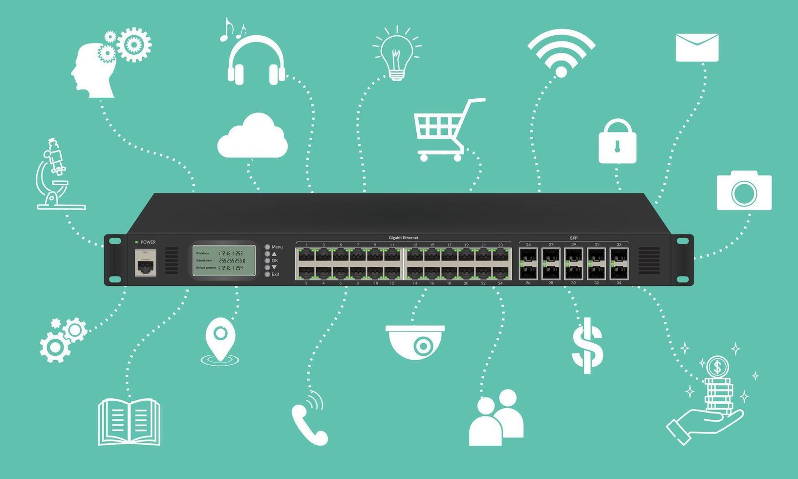 Professional network industrial gigabit switch isolated on white background with SFP ports, poe port, RJ45 Modular plugs for solid Cat5, Cat5e, CAT6 Ethernet Cable connecters. illustration. vector