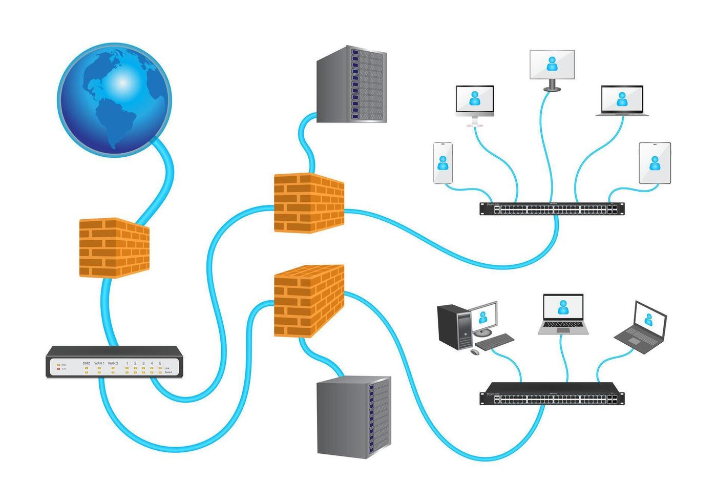 Lan network 3D diagram for business and technology concept. WAN of computer networking. vector