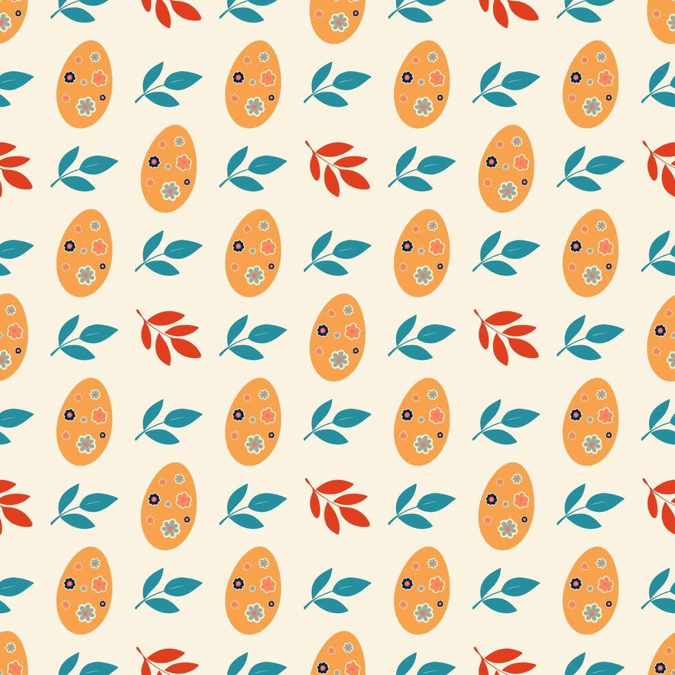 A pattern of eggs and leaves is shown in a variety of colors. vector