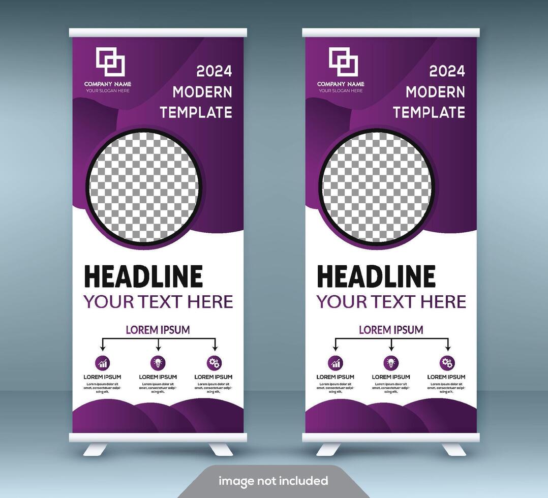 Roll up banner stand template design. Vertical banner template. Universal stand for conference, seminar, exhibitions vector