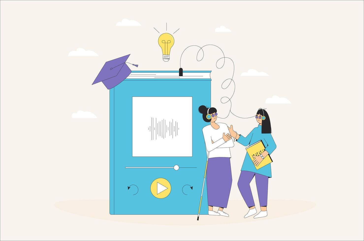 Inclusive education. Students with audiobook. illustration. vector