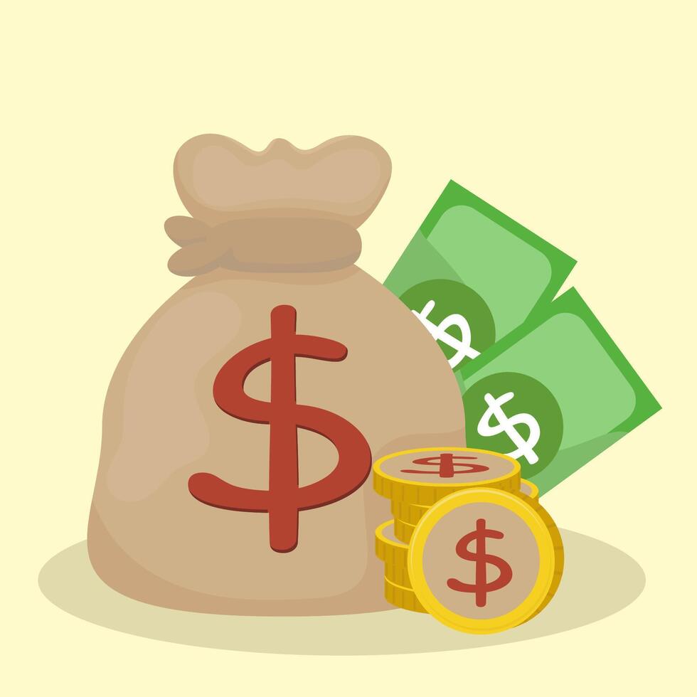 money bag and a pile of paper and coin money around it vector