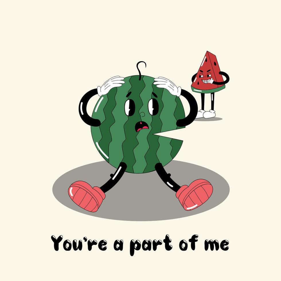 Cartoon illustration. A watermelon is holding its head, and a piece of watermelon is standing next to it, laughing. You are part of me. vector