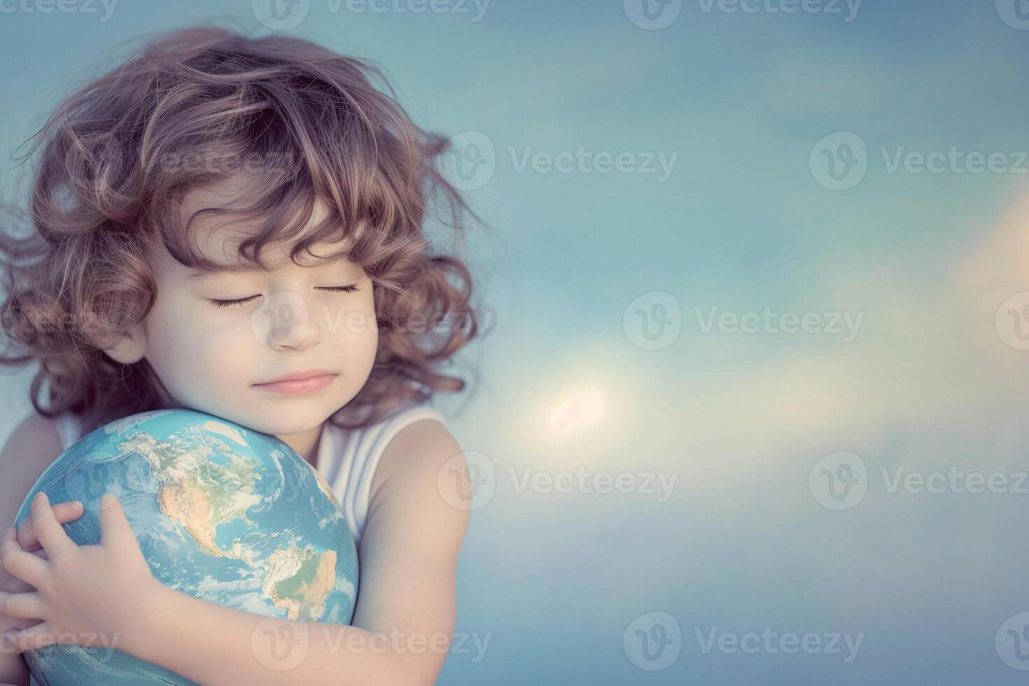 a young child with curly hair, their eyes closed in a gentle expression, embracing a globe with tenderness and care photo