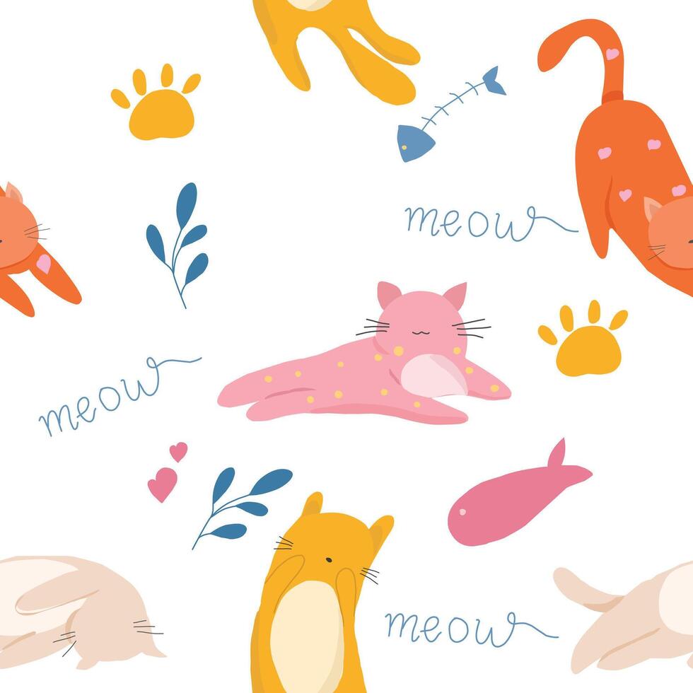 Cute and Colorful Cat Cartoon Seamless Pattern vector