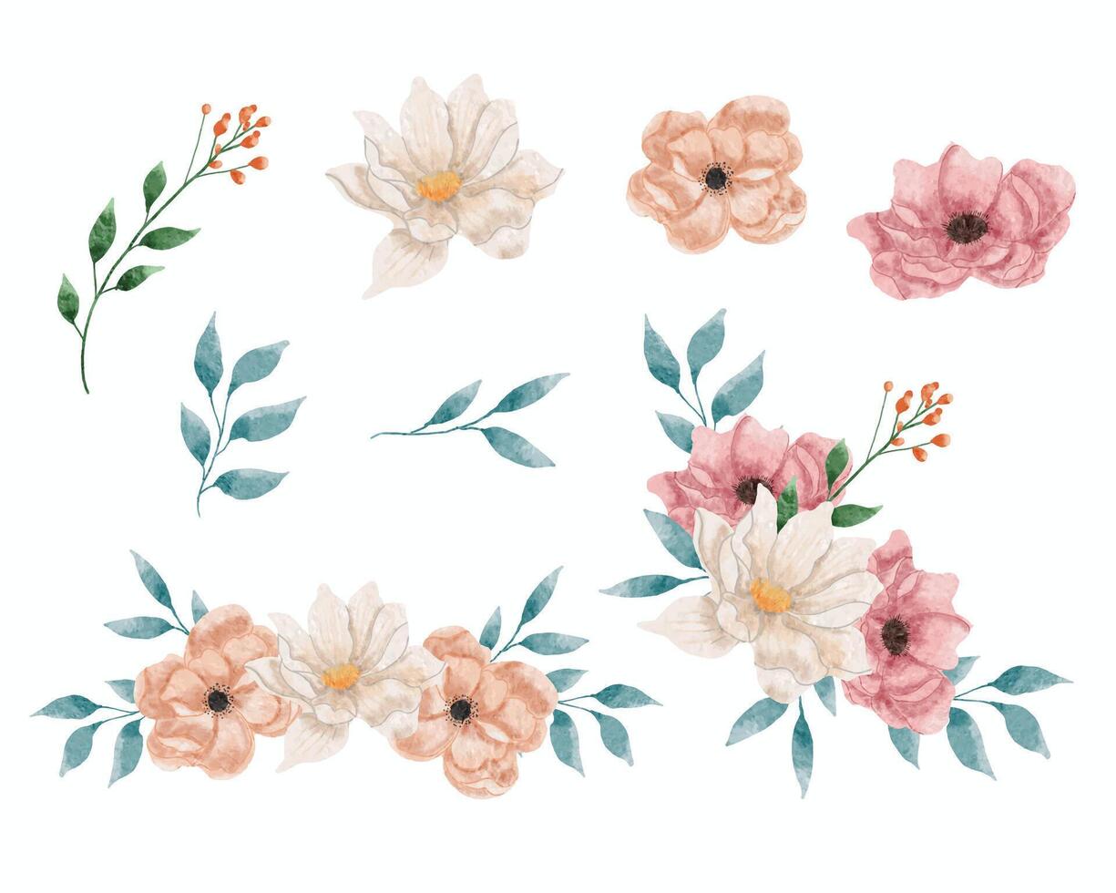 White and Pink Watercolor Flower Set vector