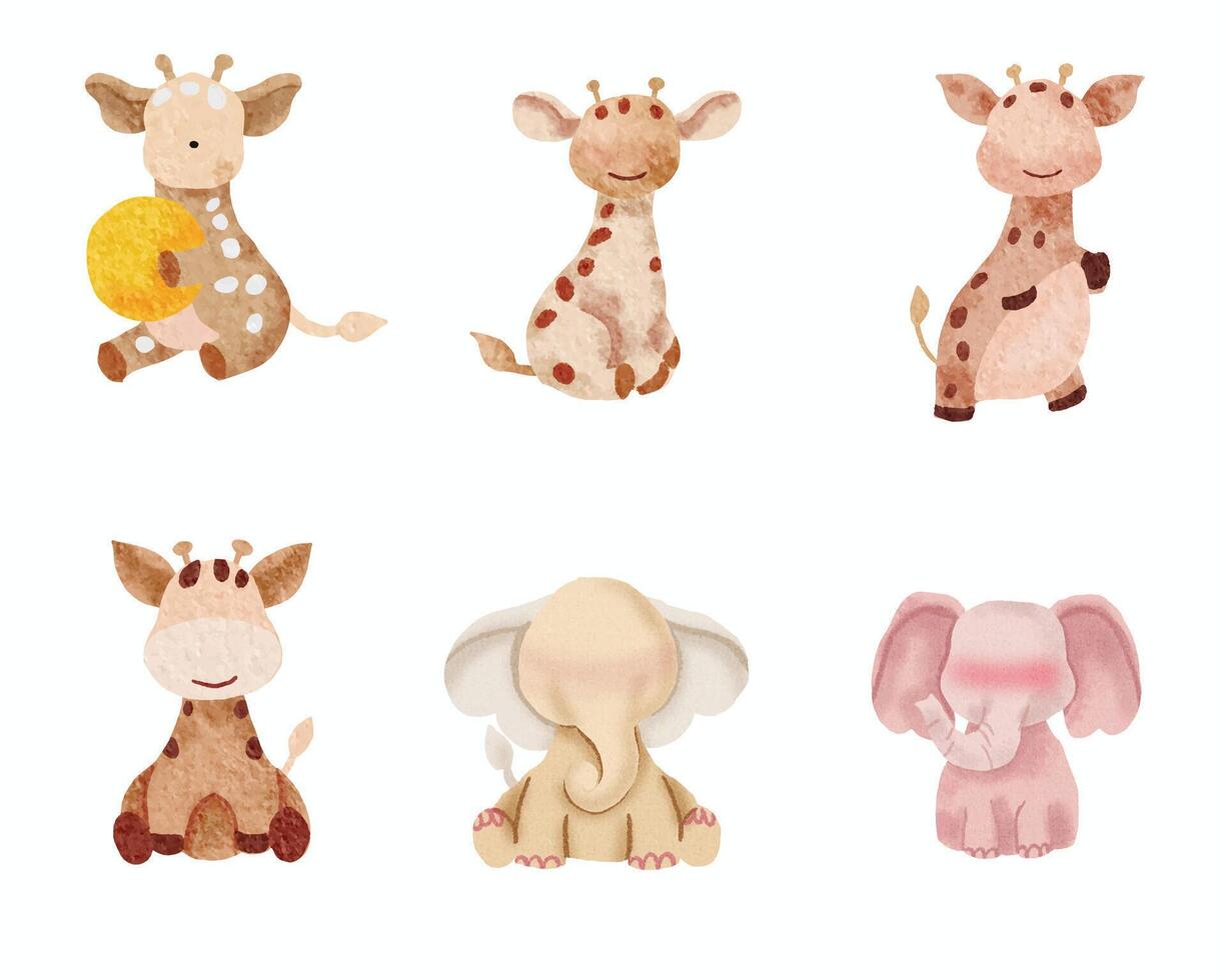 Cute Giraffe and Elephant Watercolor Illustration vector