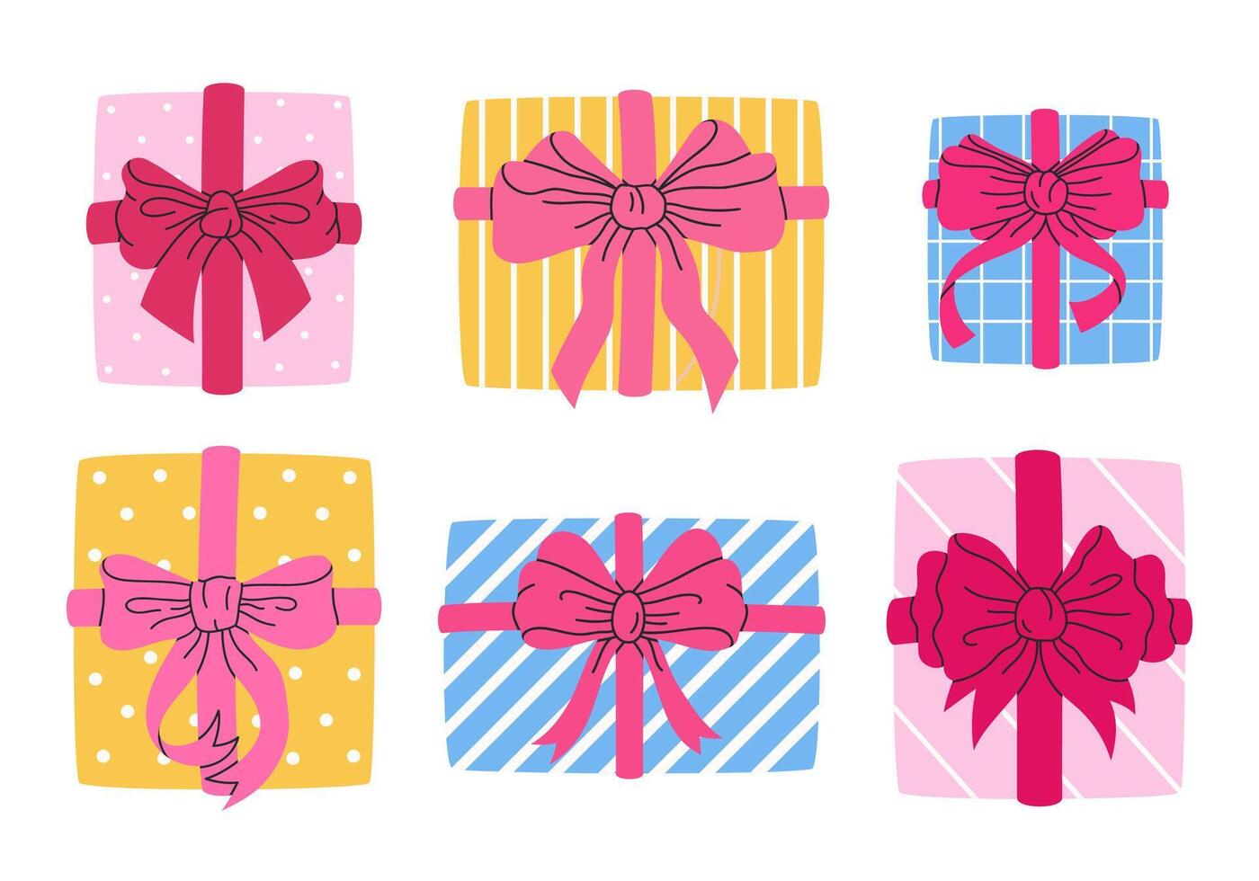 Gift boxes set. Birthday presents box, with silk bows, hand drawn colorful wrapped gift boxes flat illustration set. Cartoon holidays gift boxes collection vector