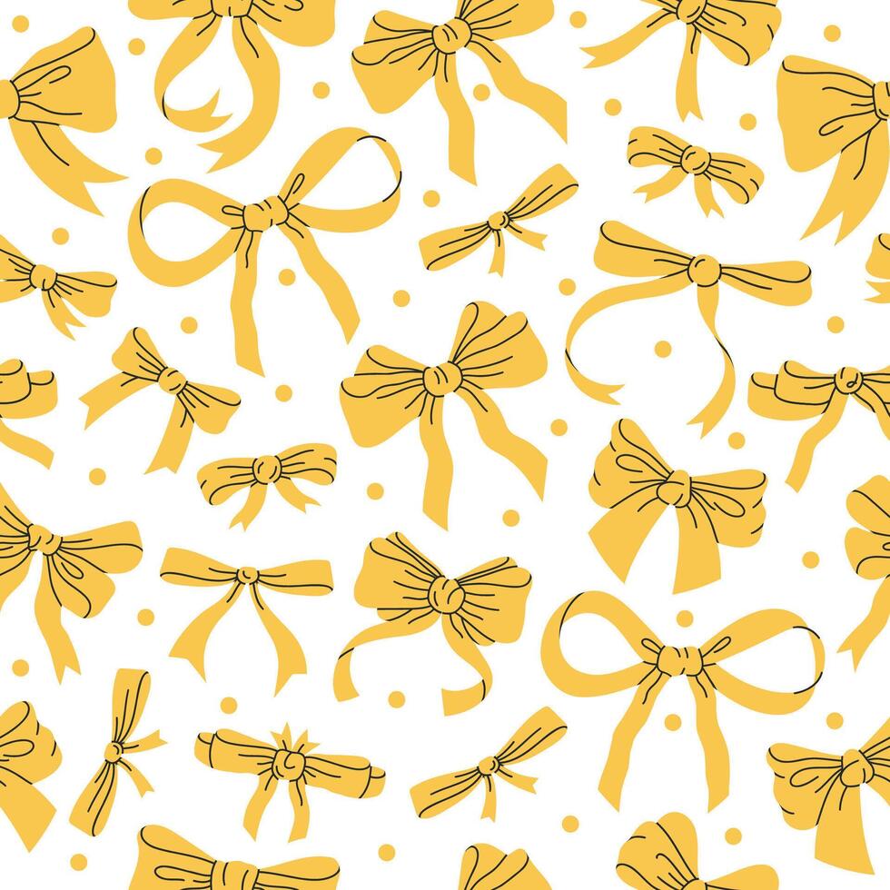 Yellow bows pattern. Birthday gifts cute ribbon decoration endless design, silk bow-knot for holidays gift boxes flat background illustration. Hand drawn bows seamless pattern vector