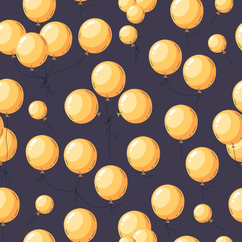 Cartoon yellow balloons pattern. Helium balloons holidays decor, hand drawn Birthday party air balloon decorations flat illustration. Glossy balloons endless background vector