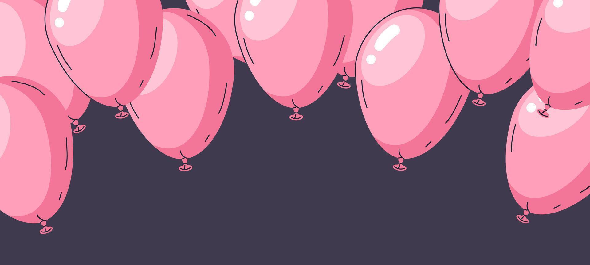 Pink balloons background. Cartoon glossy pink balloons Birthday party decor, holidays air balloon decorations flat backdrop illustration. Hand drawn helium balloons design vector