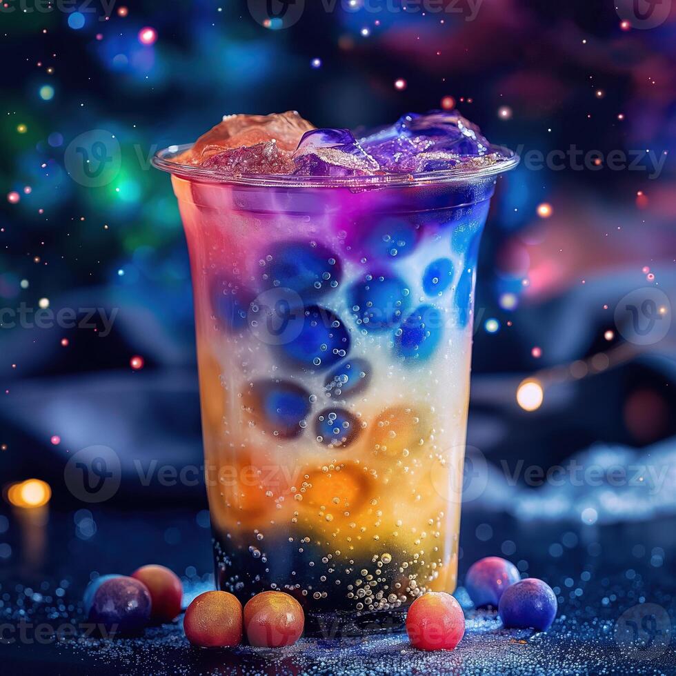 A colorful drink with a straw in it is sitting on a table. Cosmic galaxy tea photo