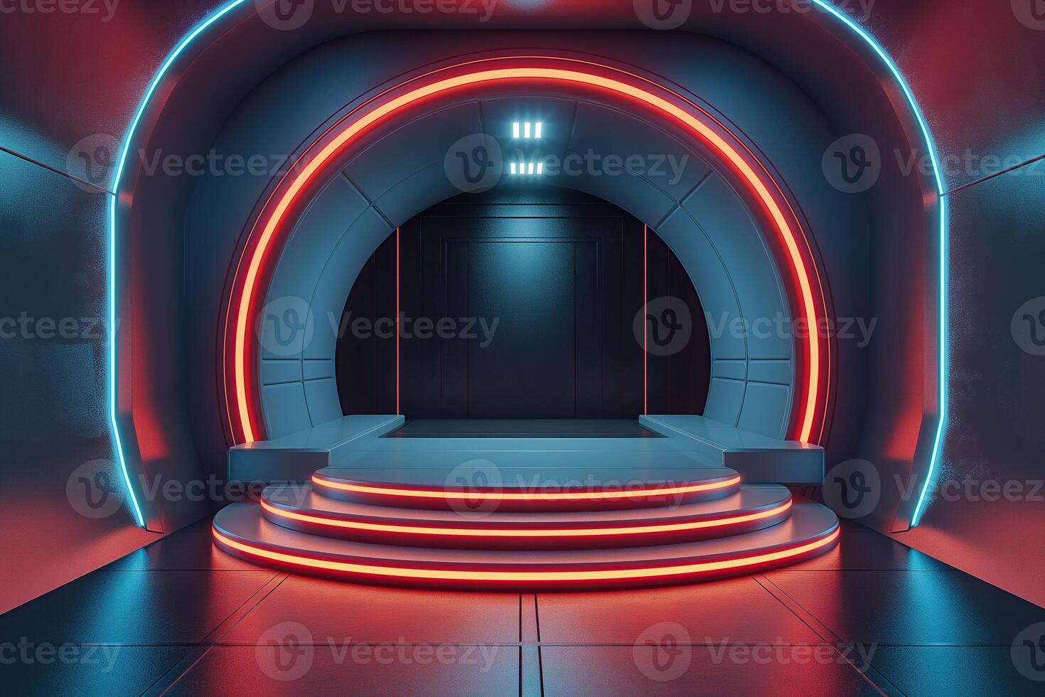 Futuristic neon-lit circular portal on a spaceship, perfect for product showcasing photo