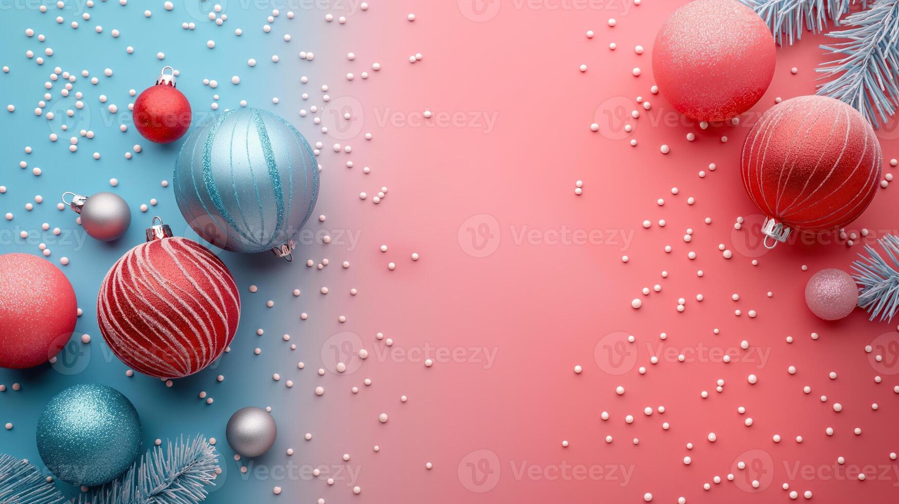 A blue and pink background with a bunch of Christmas ornaments on it photo