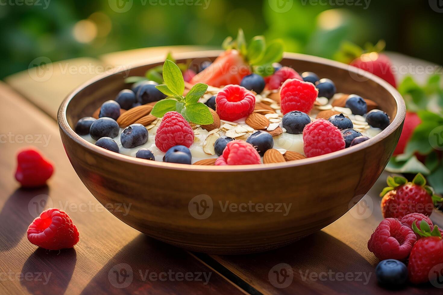 Nutritious oatmeal topped with fresh raspberries, blueberries, and almonds photo