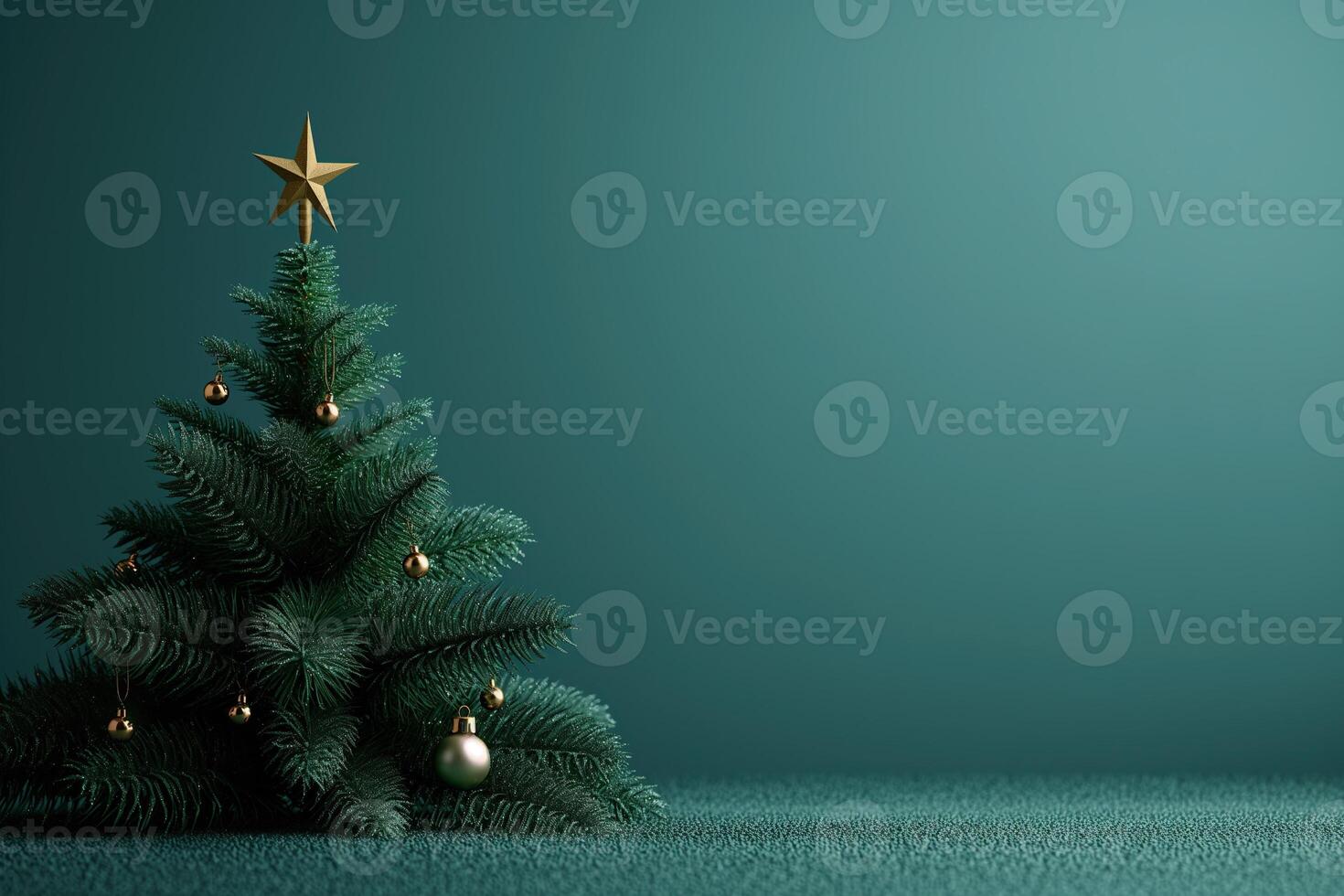 A Christmas tree with a gold star on top stands in front of a green wall, empty space, background photo
