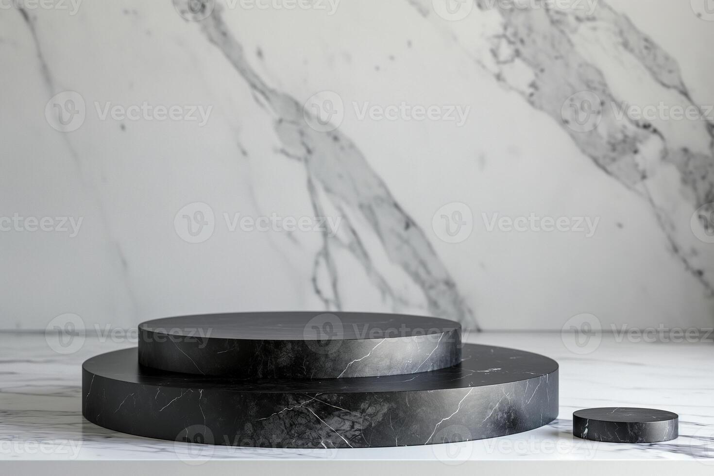Minimalist black marble podiums for product display against a marble backdrop photo