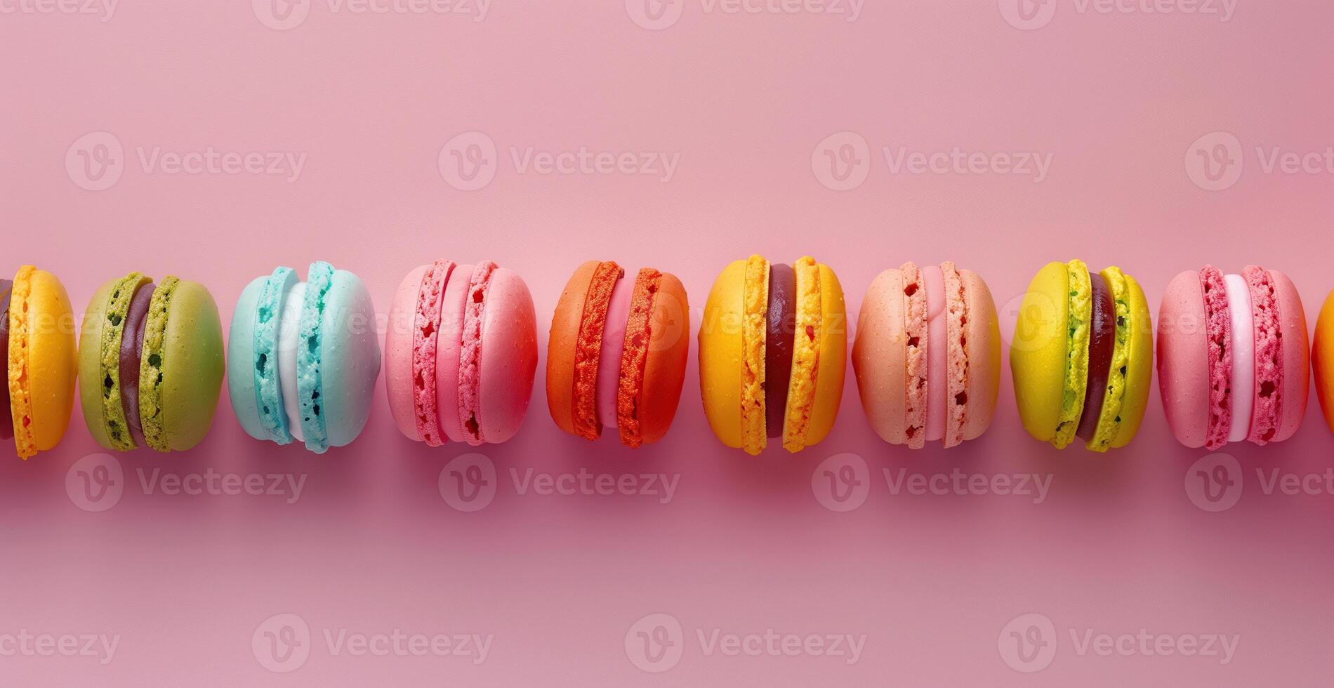 Row of colorful macarons on a soft pastel pink background photo