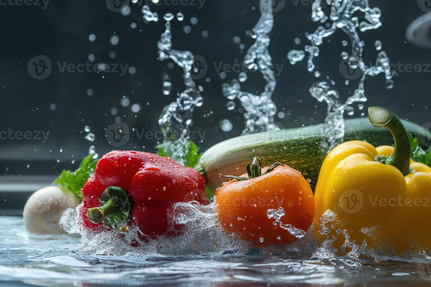 A bunch of vegetables are in a sink full of water photo