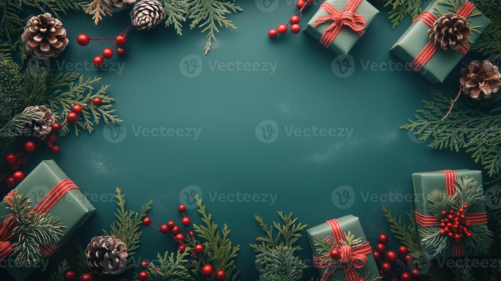 A green Christmas background with red bows and pine cones photo