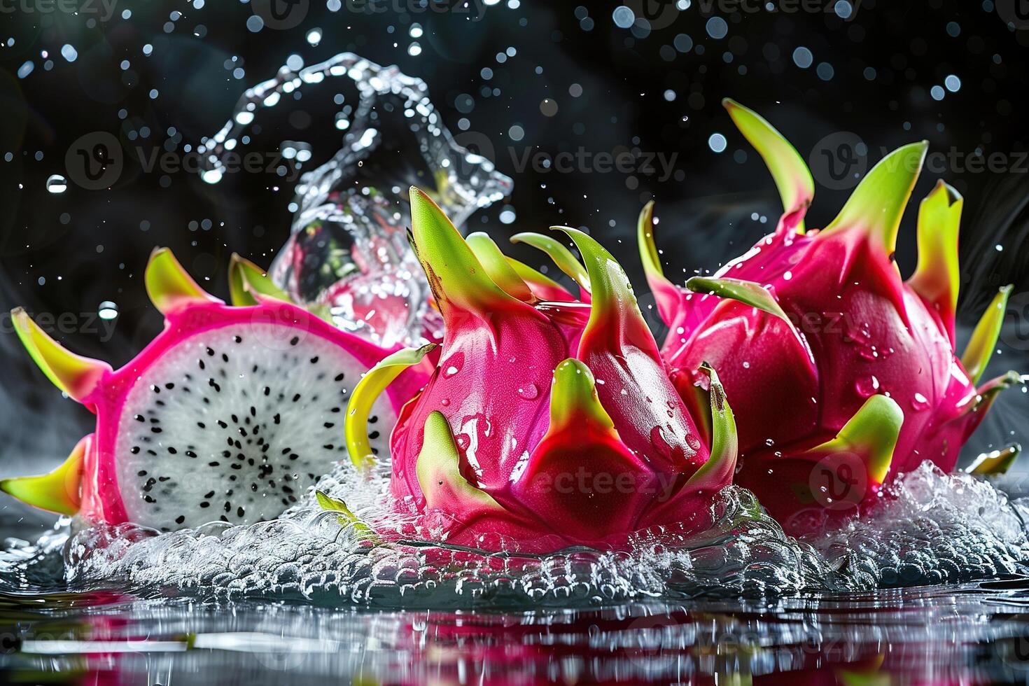 Vibrant dragon fruit splashed with water against a dark background photo