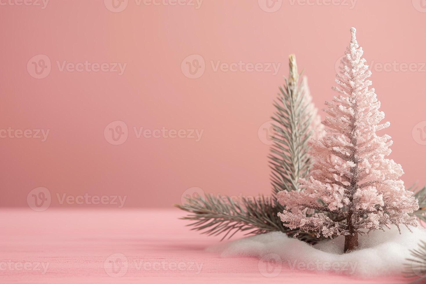 A pink Christmas winter background with two small white trees on table photo