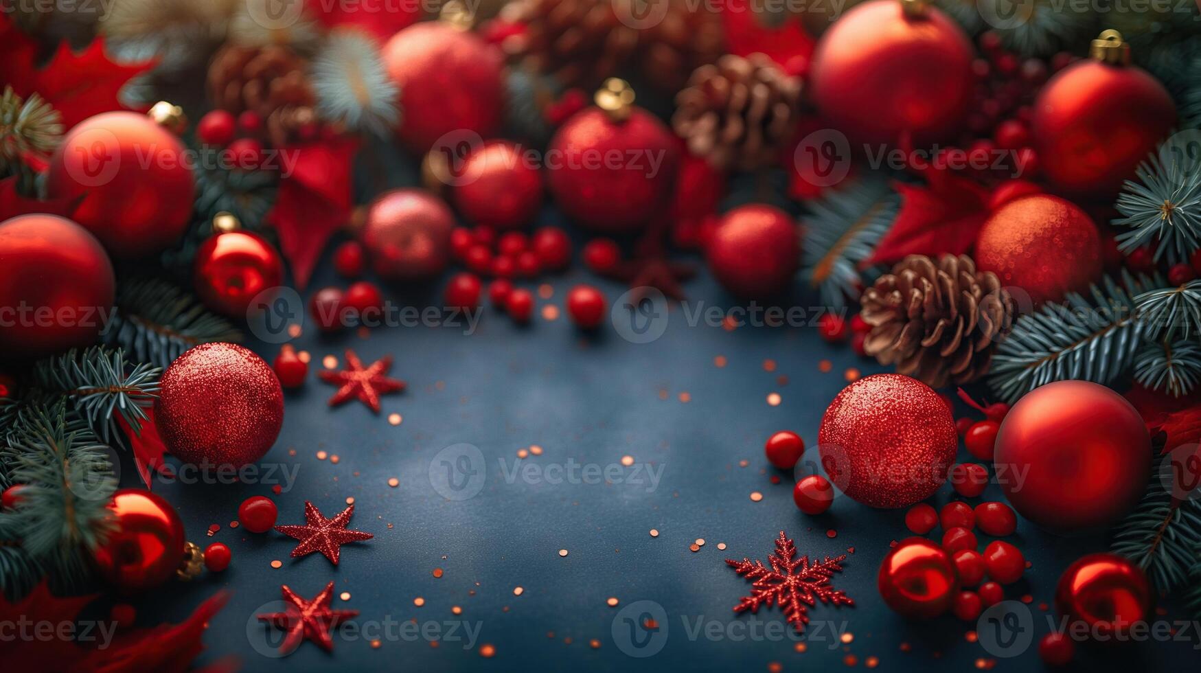 A blue Christmas background with red and gold ornaments and pine cones photo