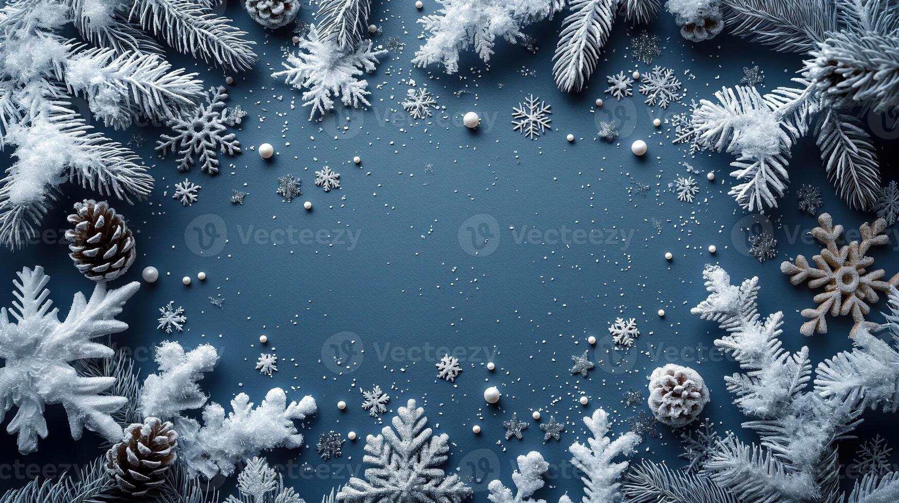 A blue background with snowflakes and pine cones photo