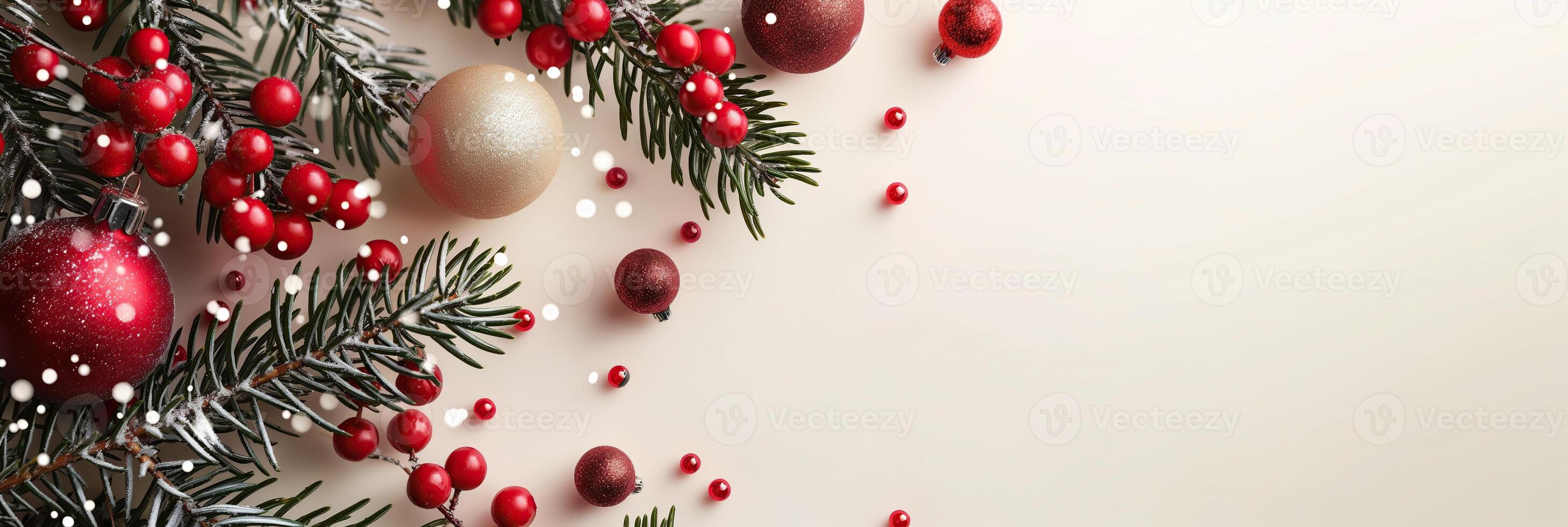 A white Christmas background with red and gold ornaments and berries photo