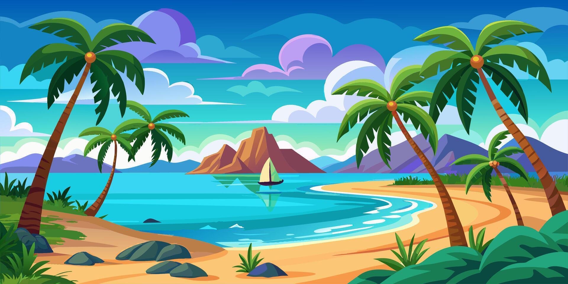 Beach with palm trees, illustration. Based on image. vector