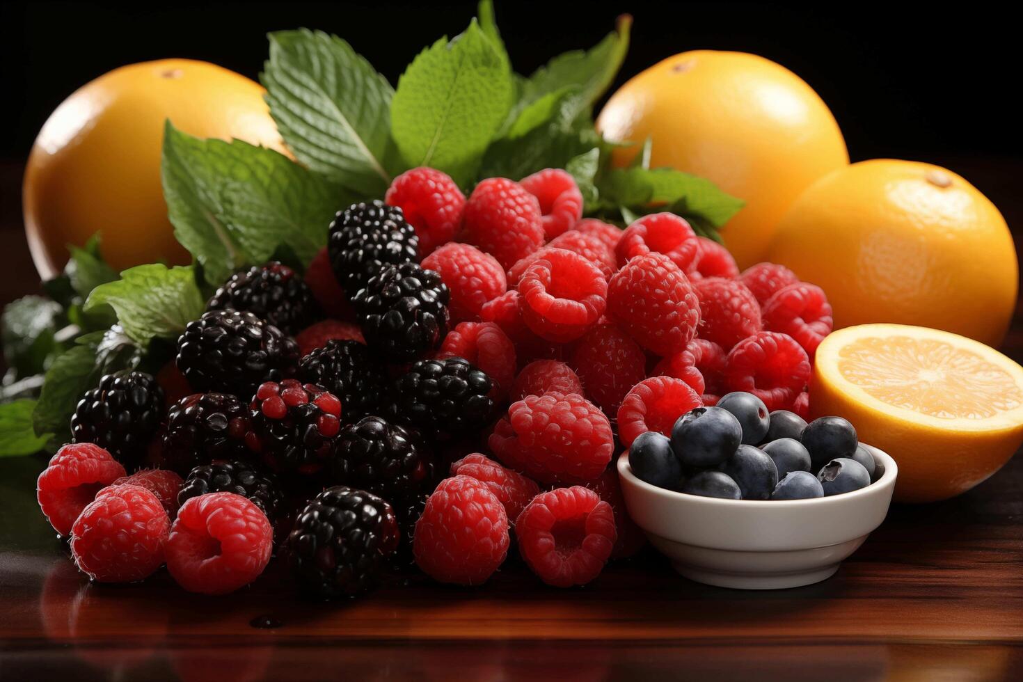 Assorted fresh berries including raspberries, blackberries, and blueberries with vibrant green mint leaves and citrus fruits on a wooden surface photo
