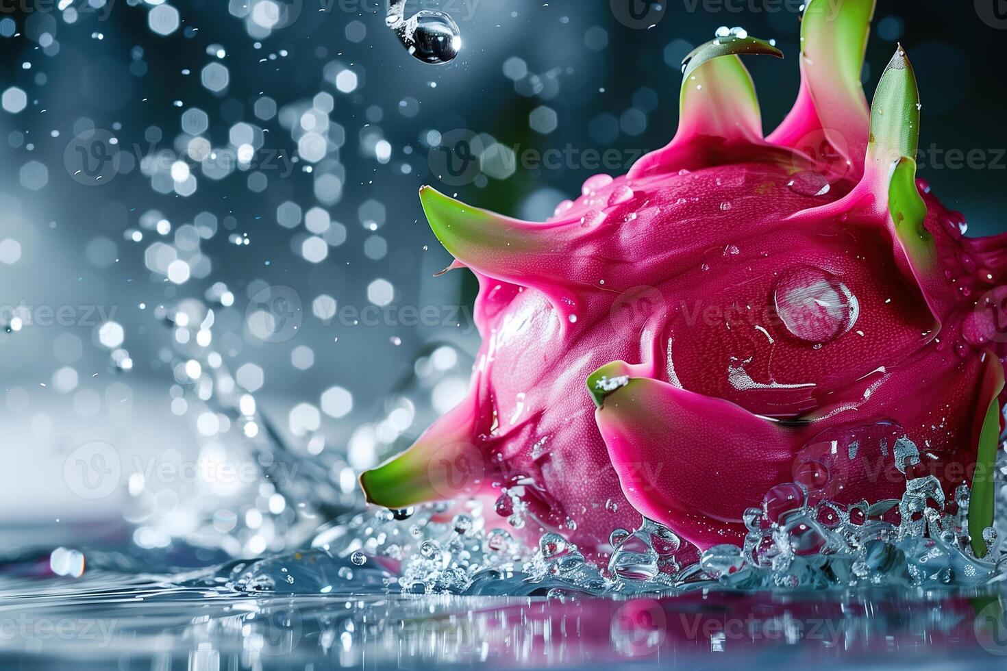 A dynamic splash of water droplets cascades around a vividly colored dragon fruit photo