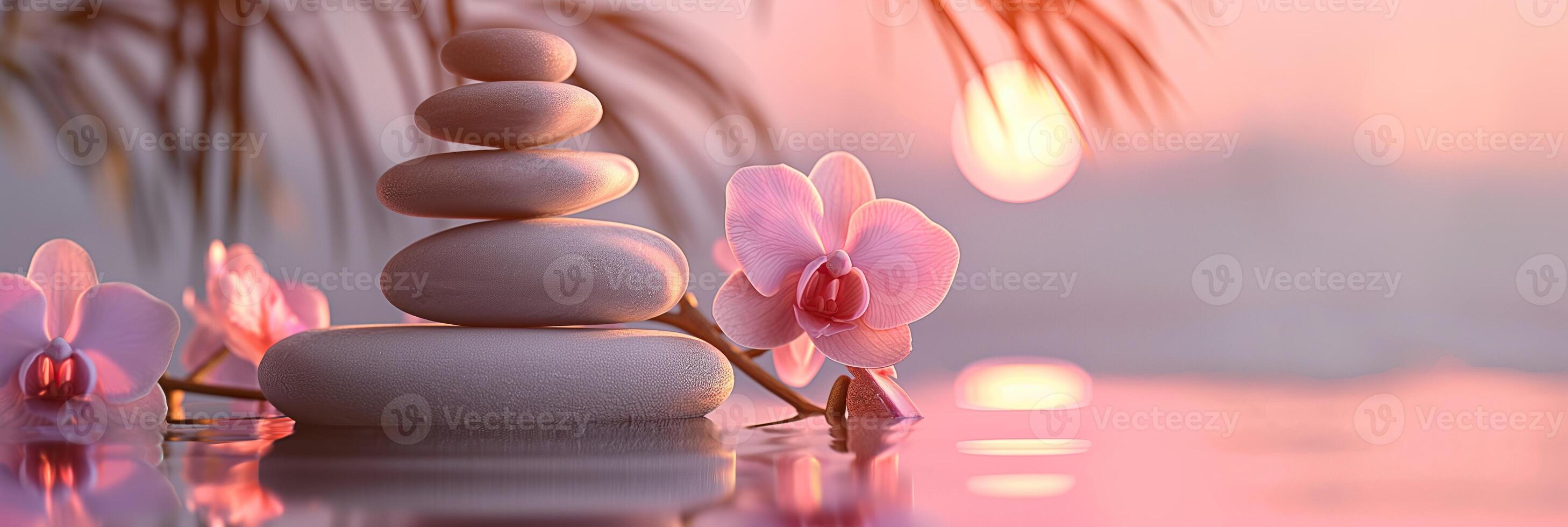 A serene image of a pink flower with a rock on top of it photo