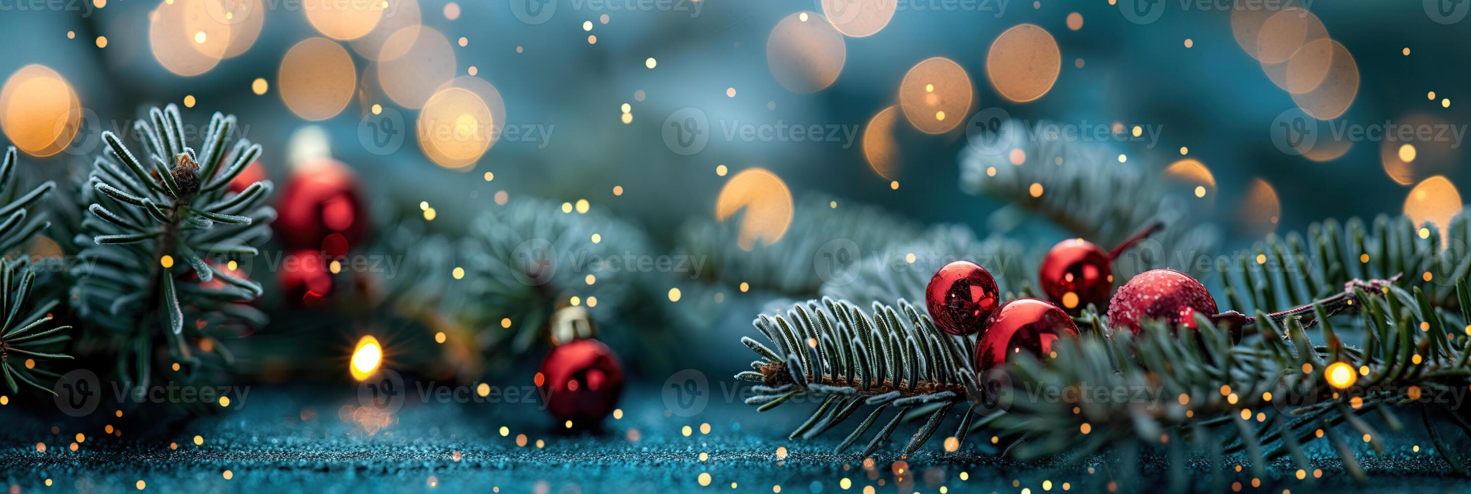 A Christmas tree background with red ornaments and lights photo