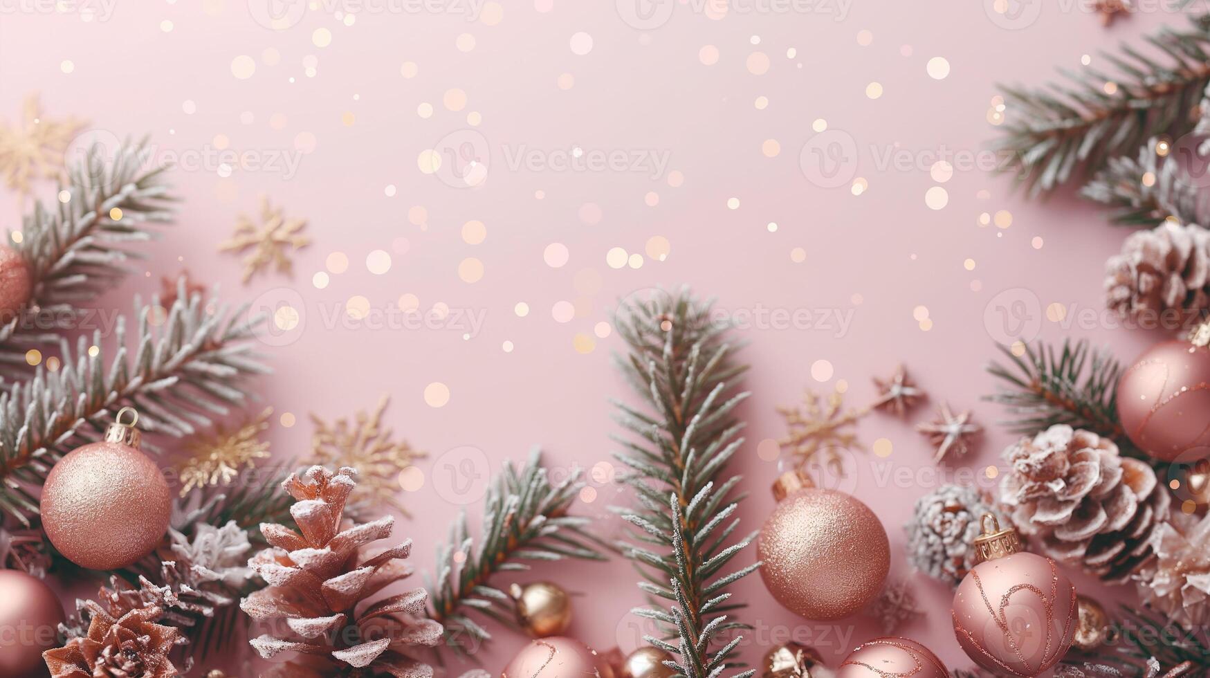 un rosado espacio Navidad antecedentes con un árbol y copos de nieve foto
