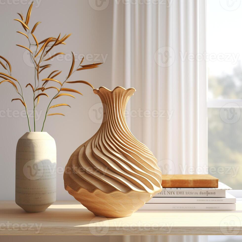 A vase with a spiral design sits on a table next to a book photo
