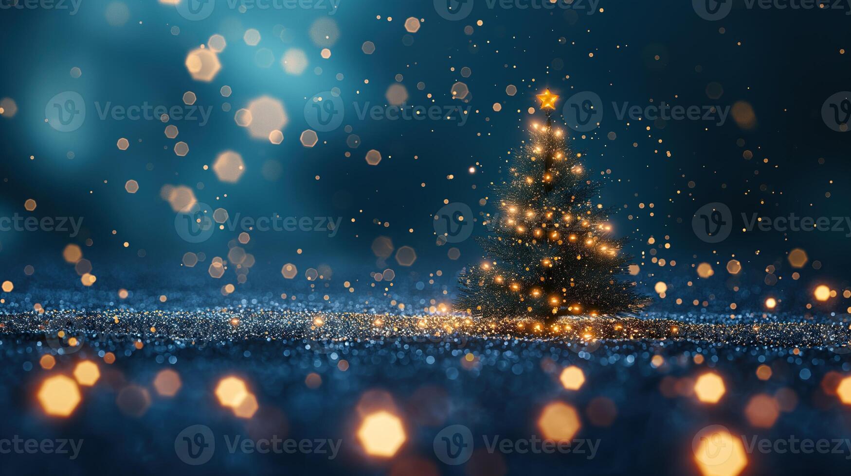 A Christmas tree is lit up with lights and is surrounded by a blue background photo