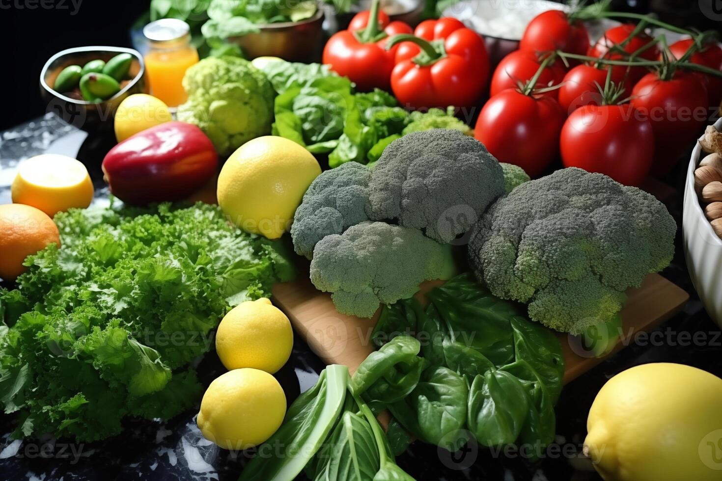 Freshly picked garden vegetables and citrus fruits displayed on a dark kitchen countertop photo