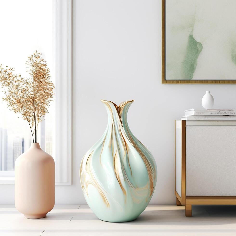 Stylized bohemian vase with elegant swirling patterns and warm-toned plume-like leaves photo
