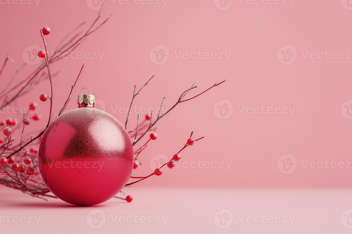 Minimalistic Christmas composition with a shiny red bauble and berries on a pink backdrop photo