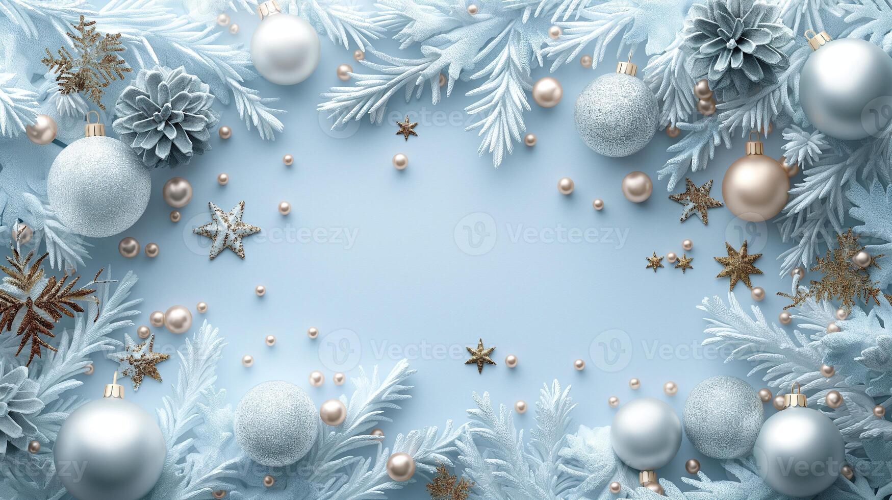 A blue background with white and silver ornaments and snowflakes photo