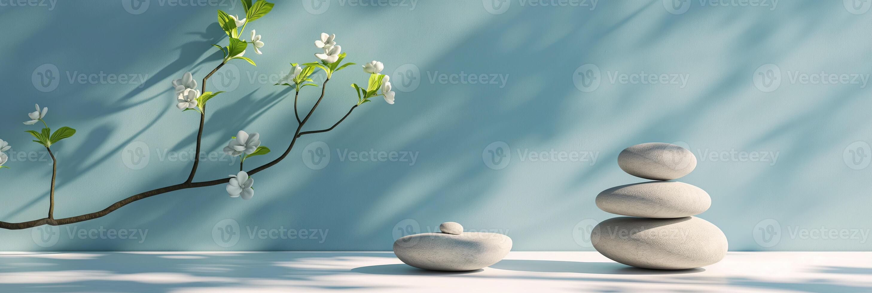 A white stone pyramid sits on a table next to a branch of a tree photo
