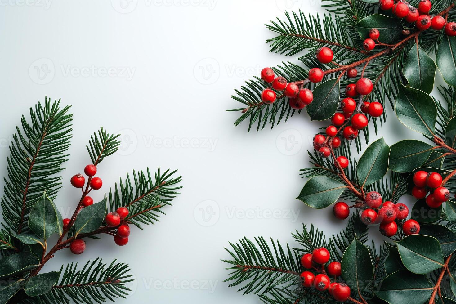 A white background with red berries and green leaves, Christmas banner design, empty space photo