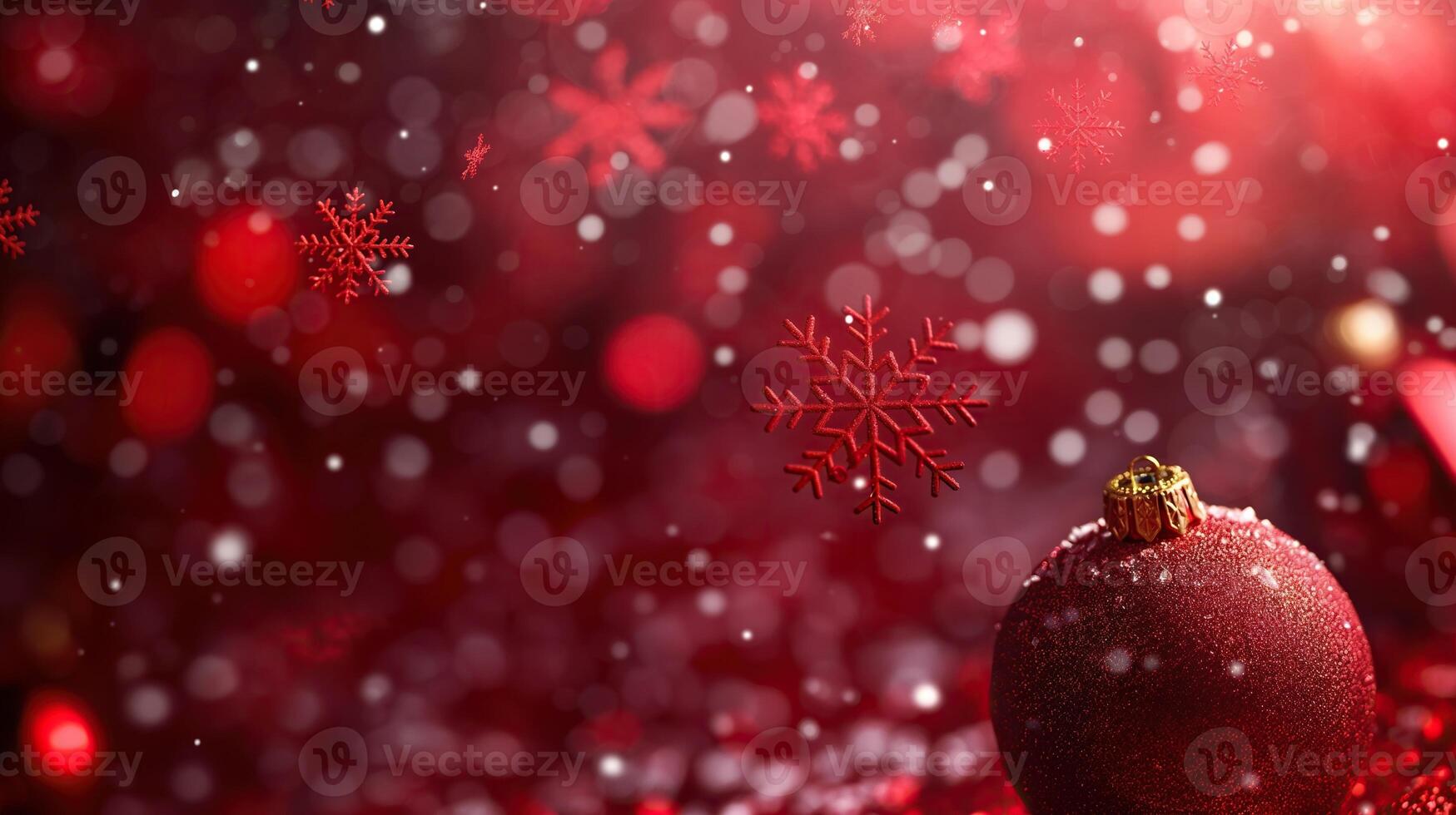 Festive Christmas red background with a solitary snowflake-adorned bauble photo