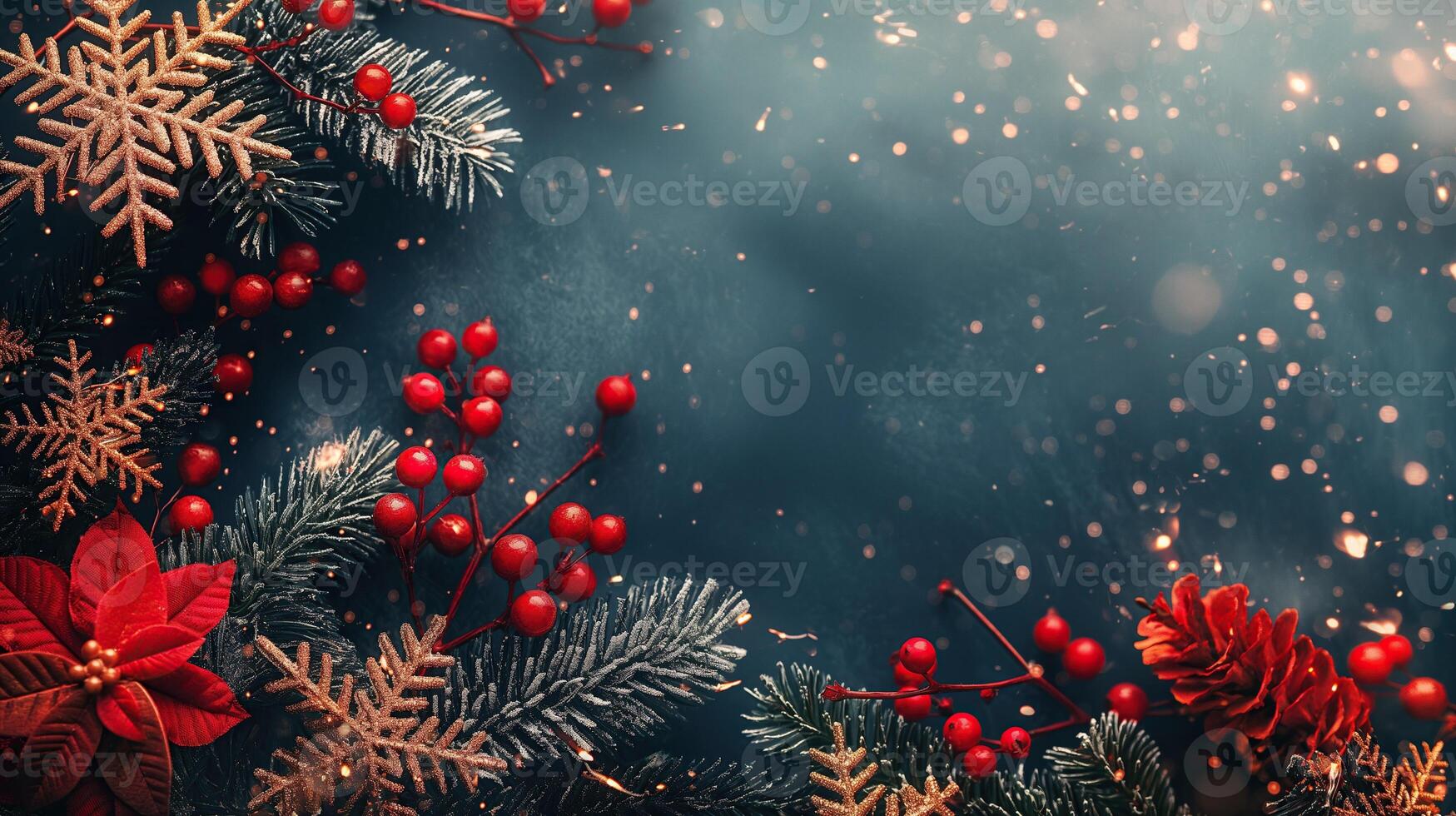 A blue Christmas background with red berries and snowflakes photo