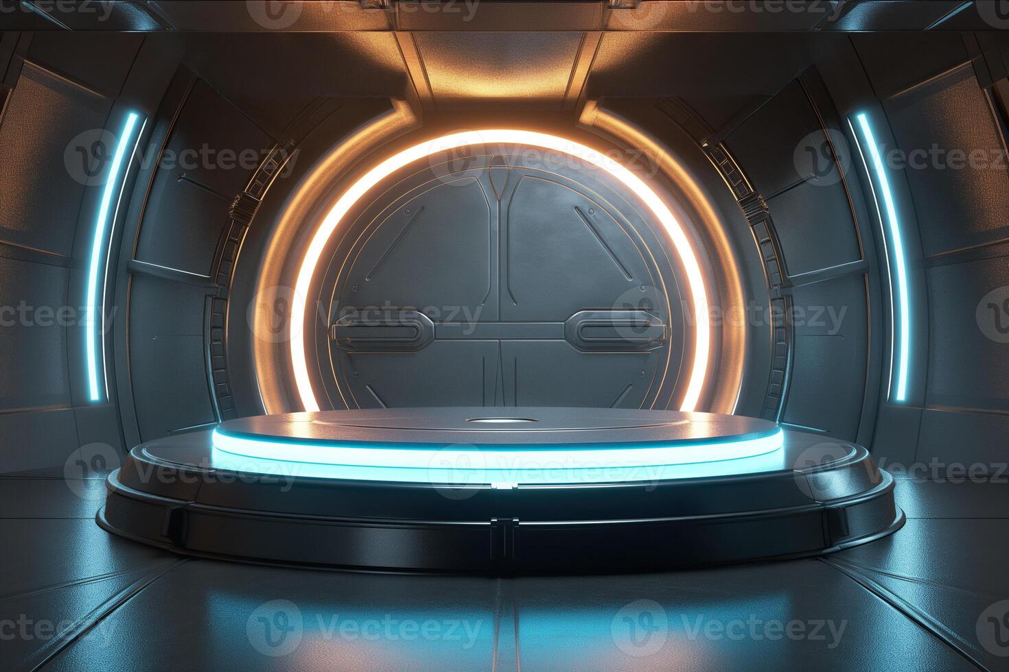 Futuristic neon-lit circular portal on a spaceship, perfect for product showcasing photo