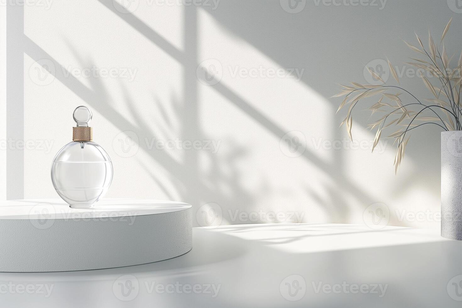 A white vase with a clear bottle of perfume sits on a white pedestal photo